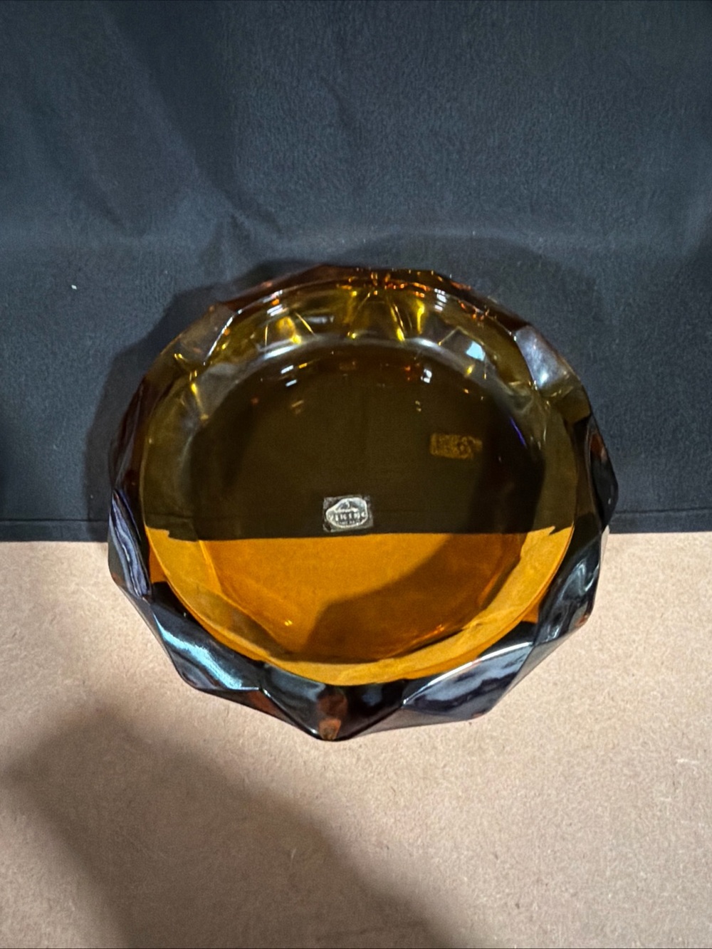 Vintage Viking Diamond Point Amber Heavy Glass Ashtray  8.5 in across